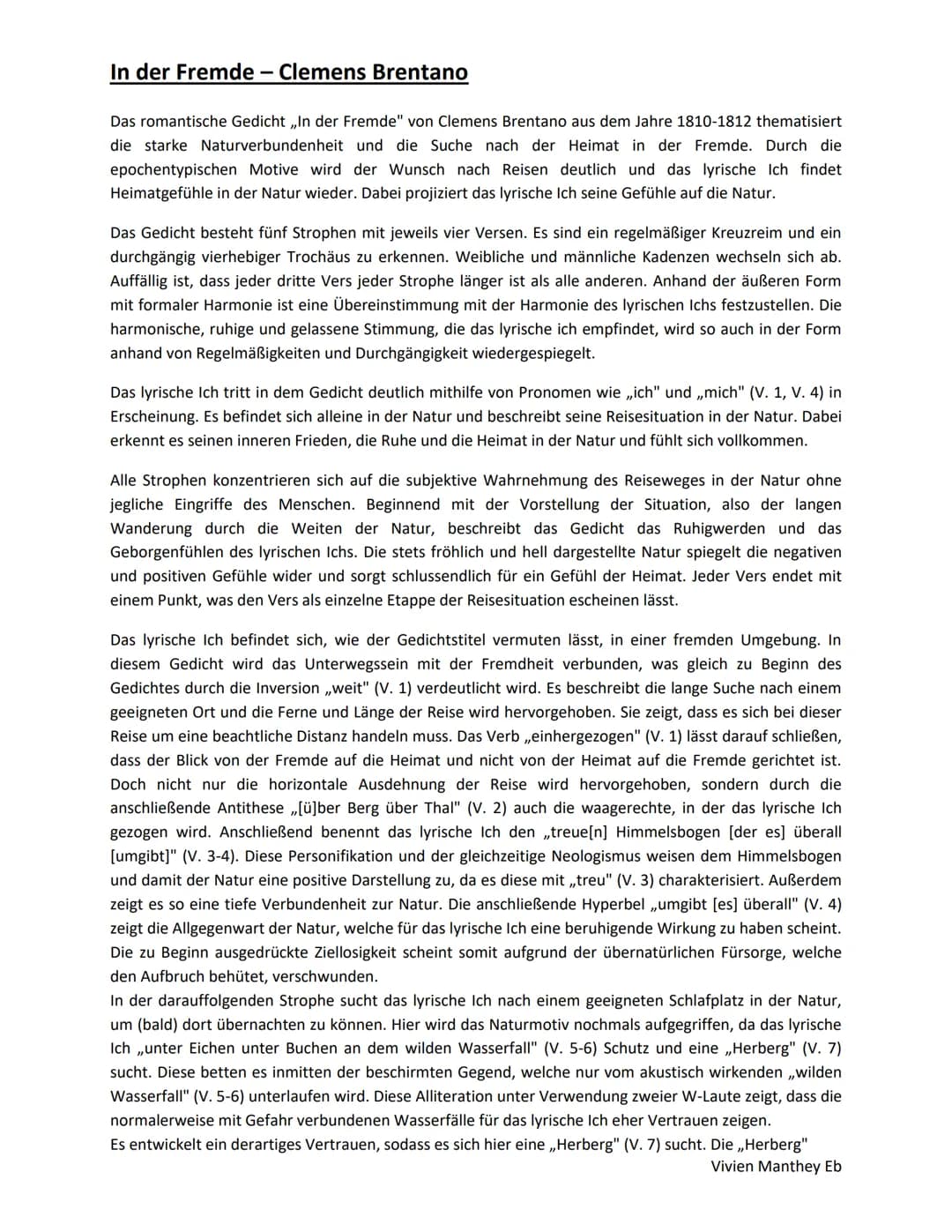 In der Fremde - Clemens Brentano
Das romantische Gedicht ,,In der Fremde" von Clemens Brentano aus dem Jahre 1810-1812 thematisiert
die star