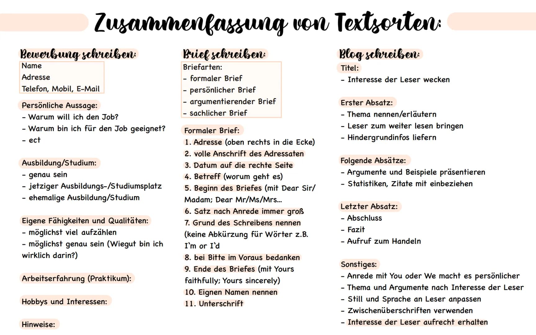 Bewerbung schreiben:
Zusammenfassung von Textsorten:
Brief schreiben:
Blog schreiben:
Briefarten:
Titel:
Name
Adresse
Telefon, Mobil, E-Mail
