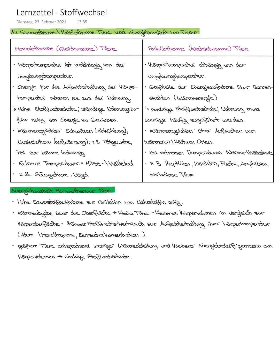 Lernzettel - Stoffwechsel
Dienstag, 23. Februar 2021 12:31
9. Energiebereitstellung und Aktivität
Grundumsatz Energiemenge, die in völliger 