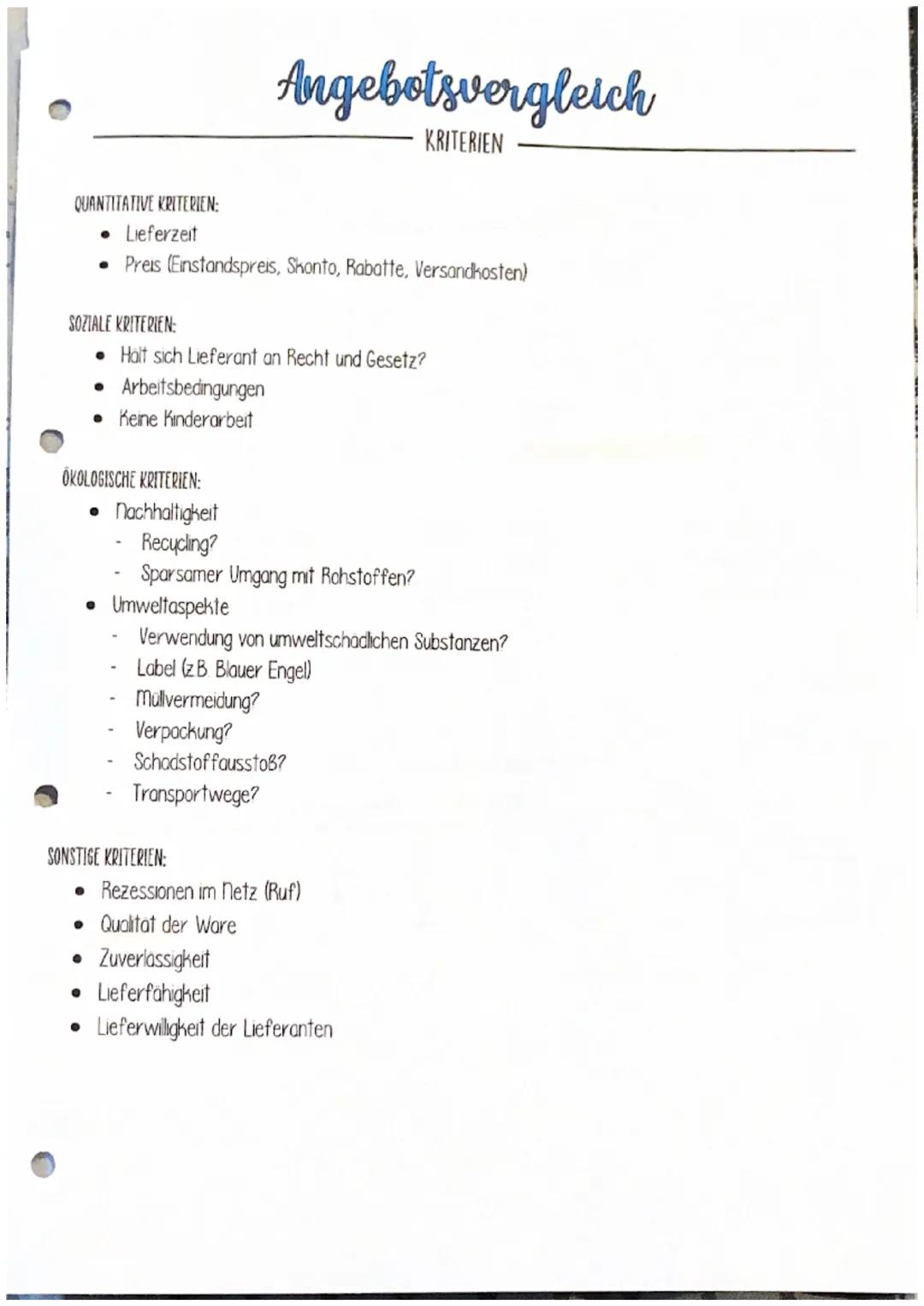 QUANTITATIVE KRITERIEN:
• Lieferzeit
• Preis (Einstandspreis, Skonto, Rabatte, Versandkosten)
Angebotsvergleich
KRITERIEN
SOZIALE KRITERIEN: