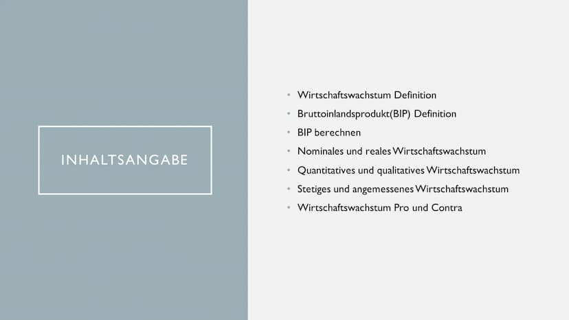WIRTSCHAFTSWACHSTUM INHALTSANGABE
●
●
●
●
●
●
Wirtschaftswachstum Definition
Bruttoinlandsprodukt(BIP) Definition
BIP berechnen
Nominales un