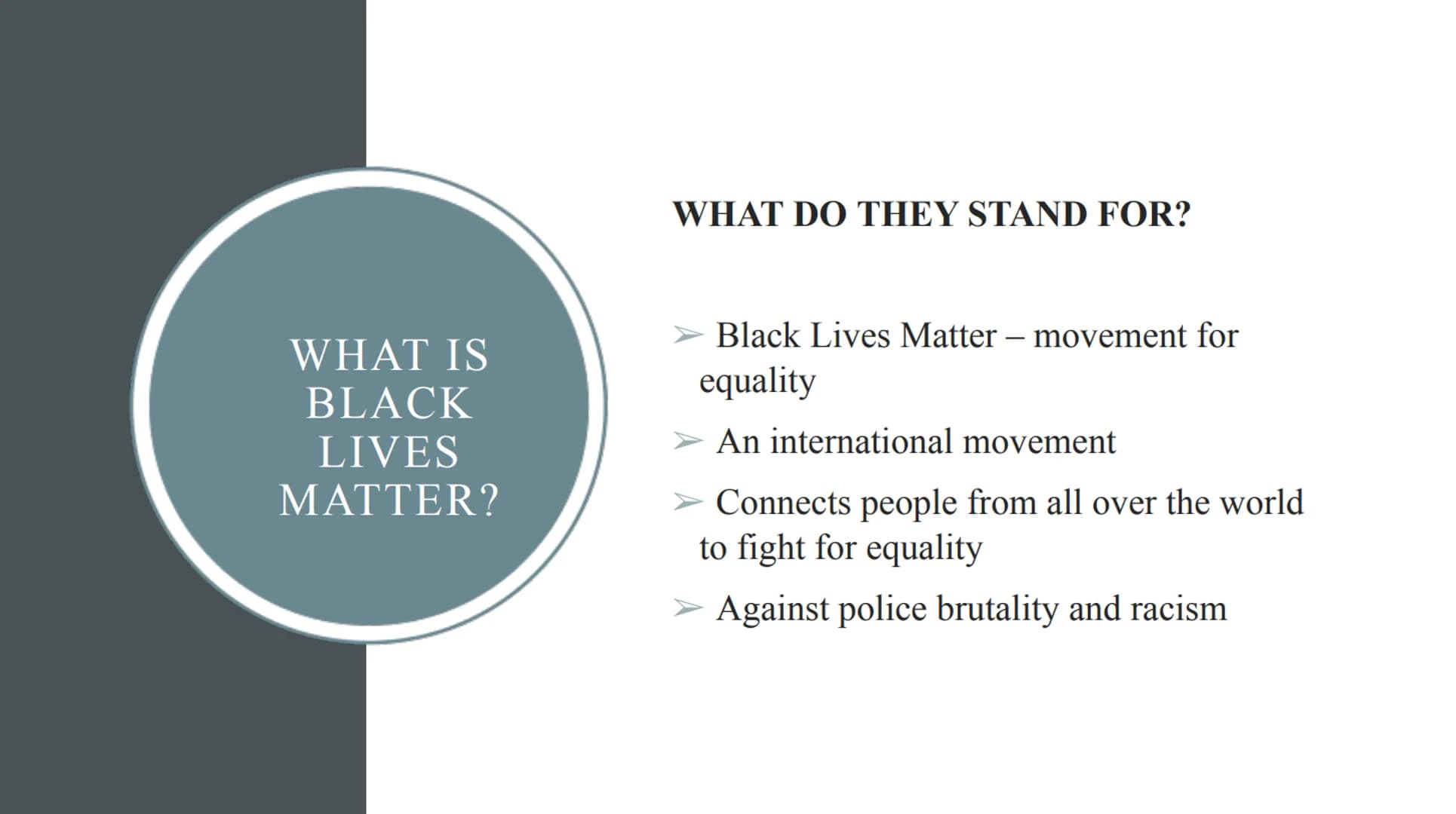 BLACK LIVES MATTER
A presentation by
Name TABLE OF CONTENT
➤ Keywords
➤ What is "Black Lives Matter"?
➤ When was "Black Lives Matter" founde