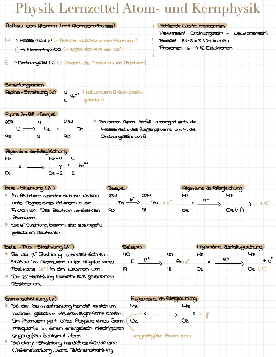 Physik Lernzettel Atom- und Kernphysik
Aufbau von Atornen (mit Atornschreibweise)
14-> Massenzahl 14 (= Protonen +Neutronen im Alamuemm)
C->