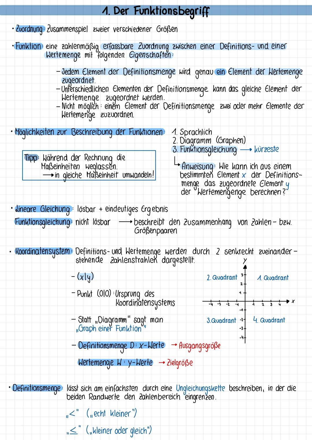 Mathe
1. Studienvierteljahr
MatS 8/N
Lineare Funktionen 1. Der Funktionsbegriff
• Zuordnung Zusammenspiel zweier verschiedener Größen
• Funk