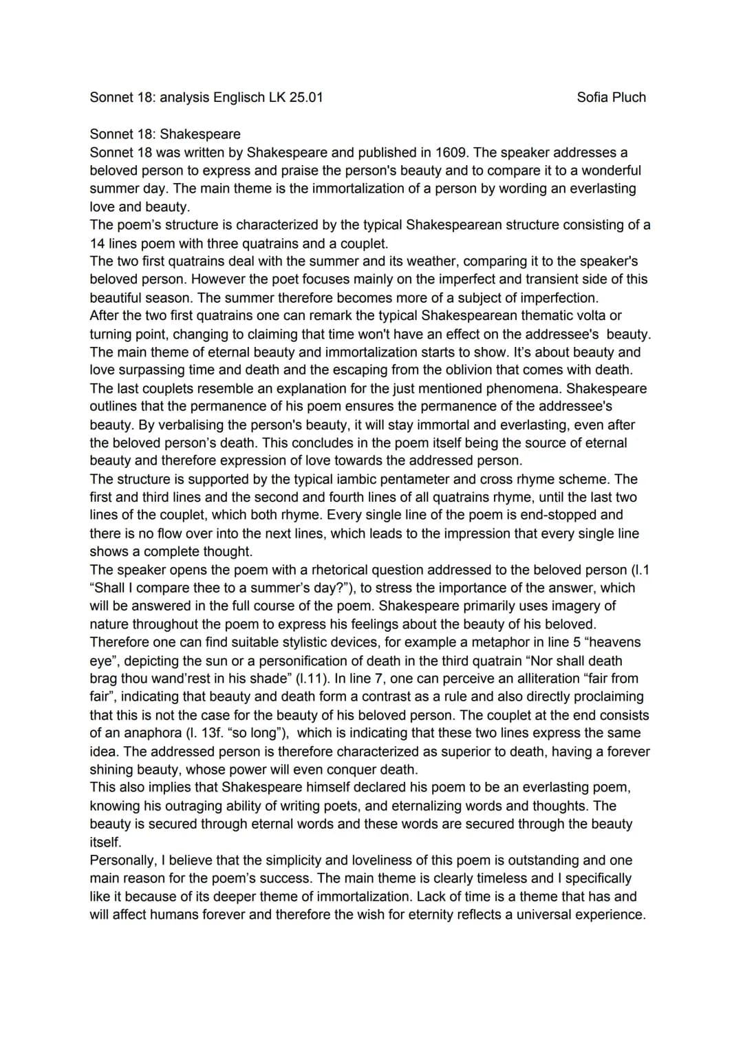 Sonnet 18: analysis Englisch LK 25.01
Sonnet 18: Shakespeare
Sonnet 18 was written by Shakespeare and published in 1609. The speaker address