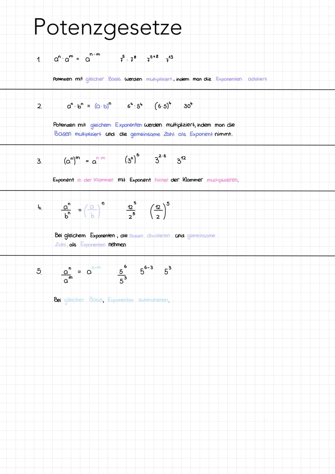 Potenzgesetze
1.
2.
3.
4.
5
an am
a. b = (a.b)
(an)m
n+m
Potenzen mit gleicher Basis werden multipliziert, indem man die Exponenten addiert

