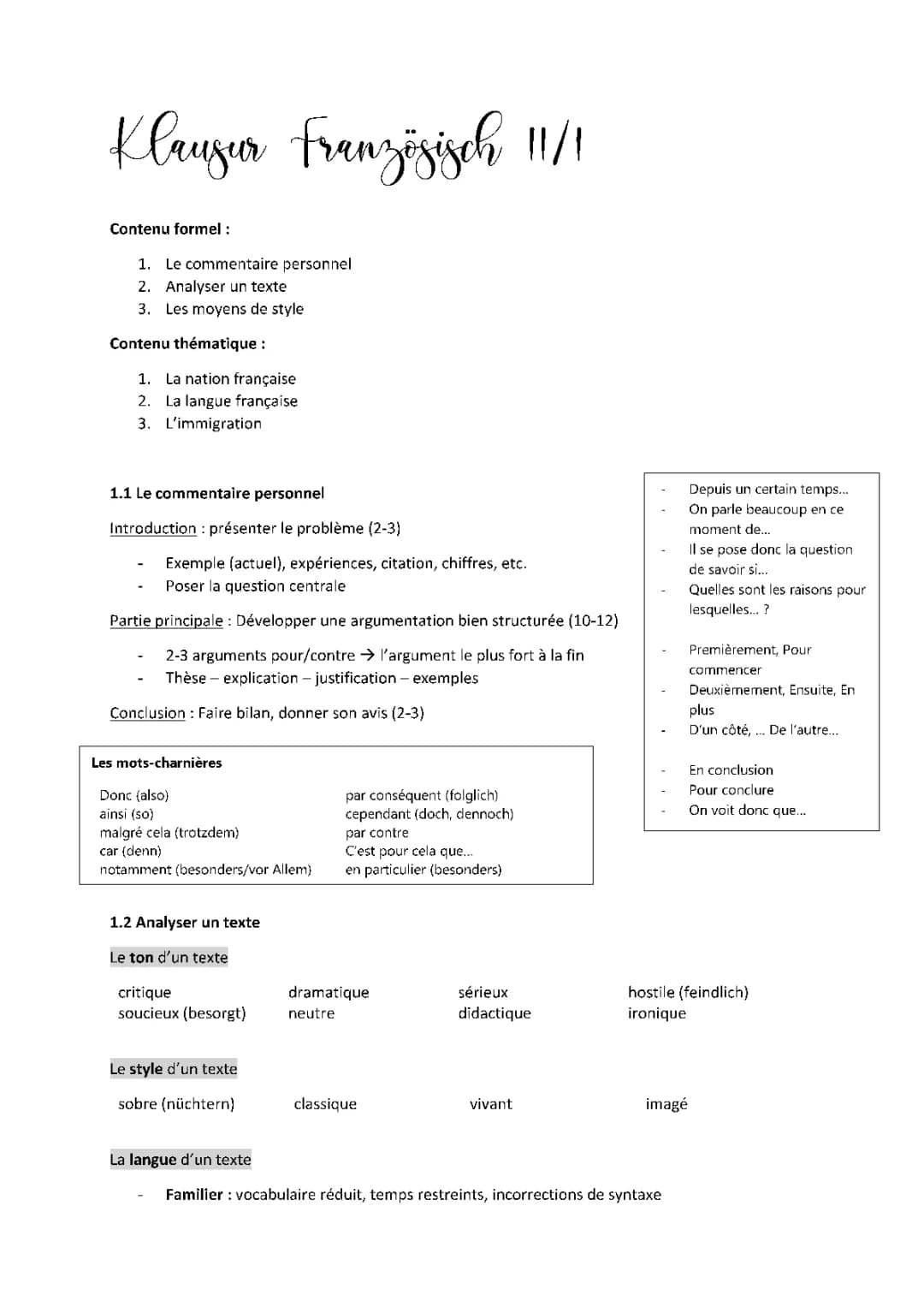 Commentaire personnel, Analyser un texte, Moyens de style, Sujets 11/1