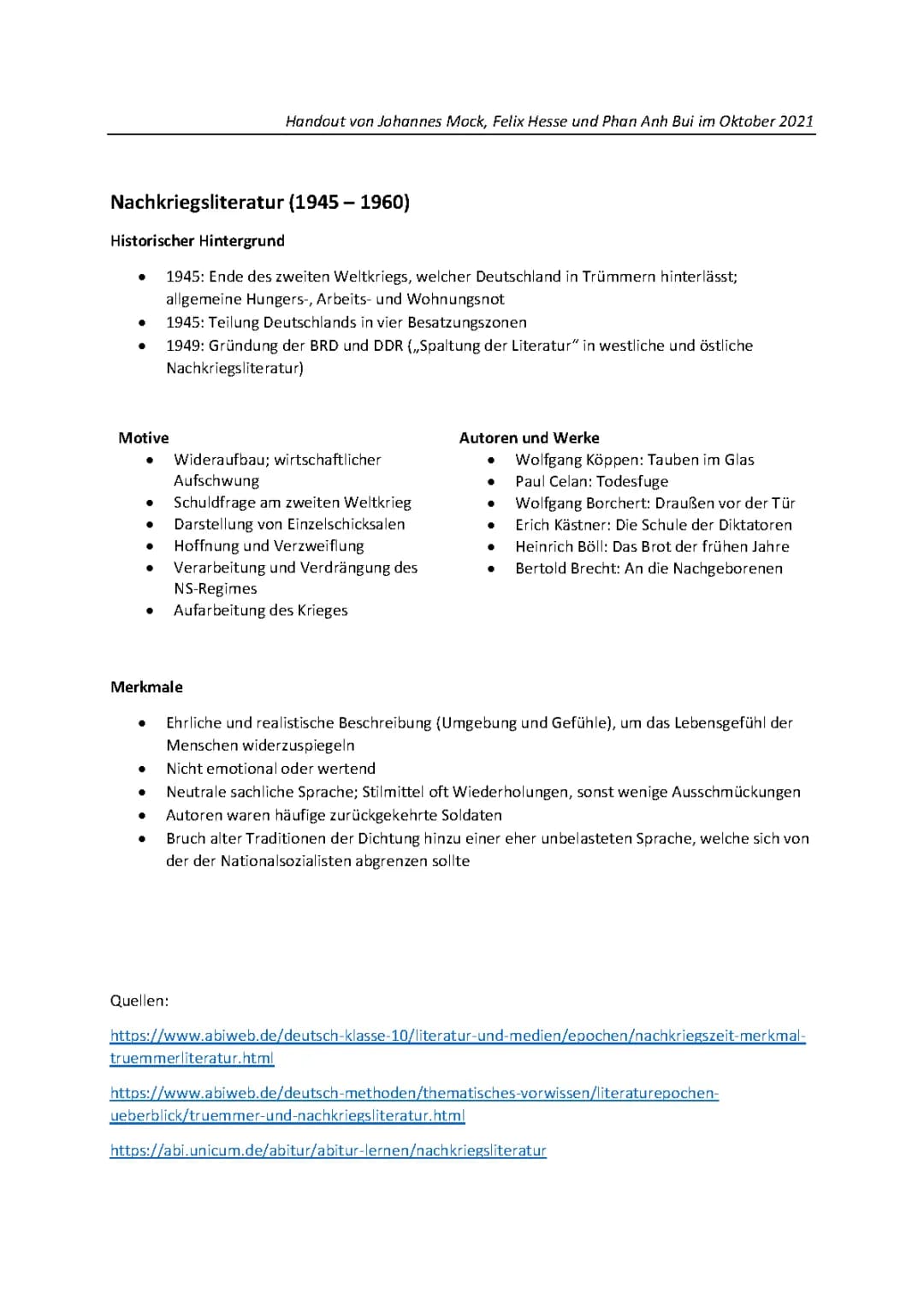 Nachkriegsliteratur Handout