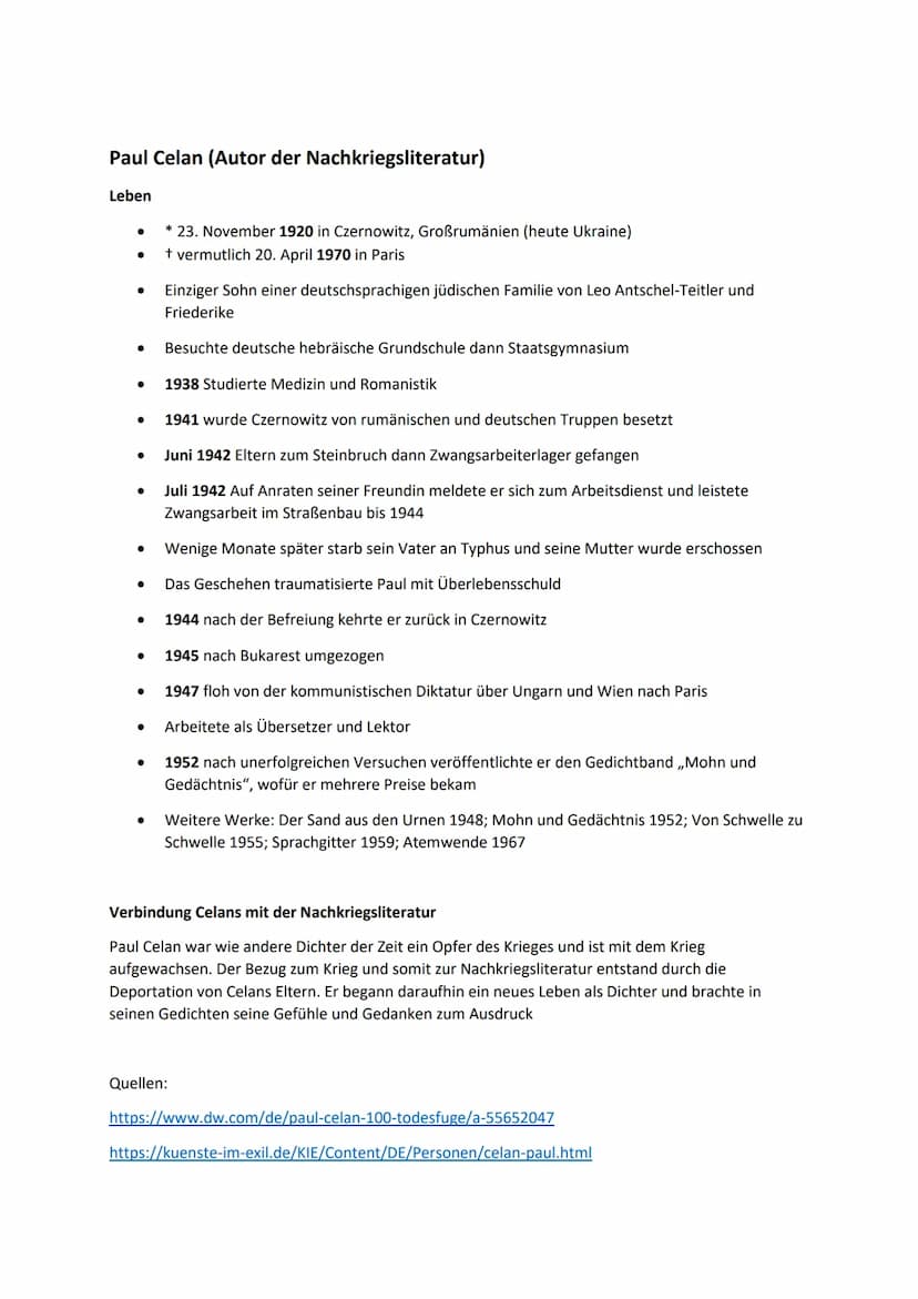 Nachkriegsliteratur (1945-1960)
Historischer Hintergrund
1945: Ende des zweiten Weltkriegs, welcher Deutschland in Trümmern hinterlässt;
all