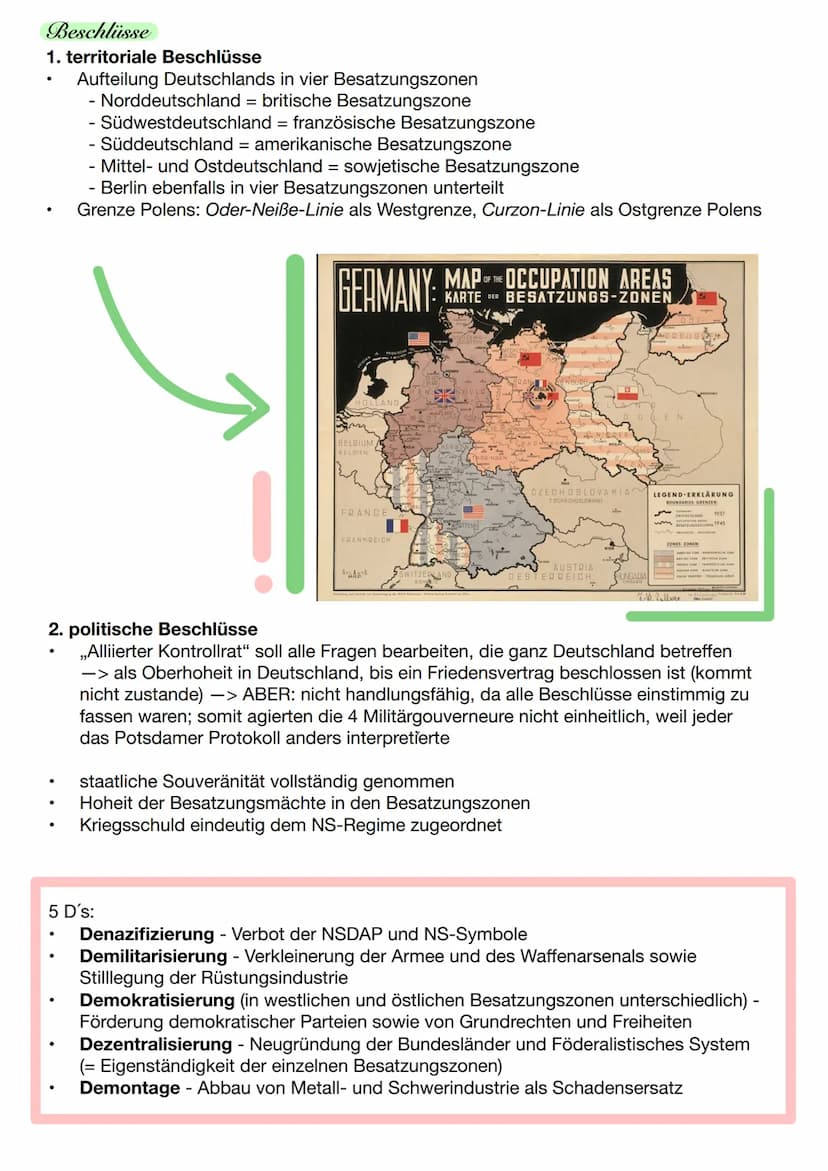 POTSDAMER ABKOMMEN
= gemeinsame Konferenzerklärung / Willens- bzw. Absichtserklärung, weil die
Interessengegensätze der Alliierten keine Ein