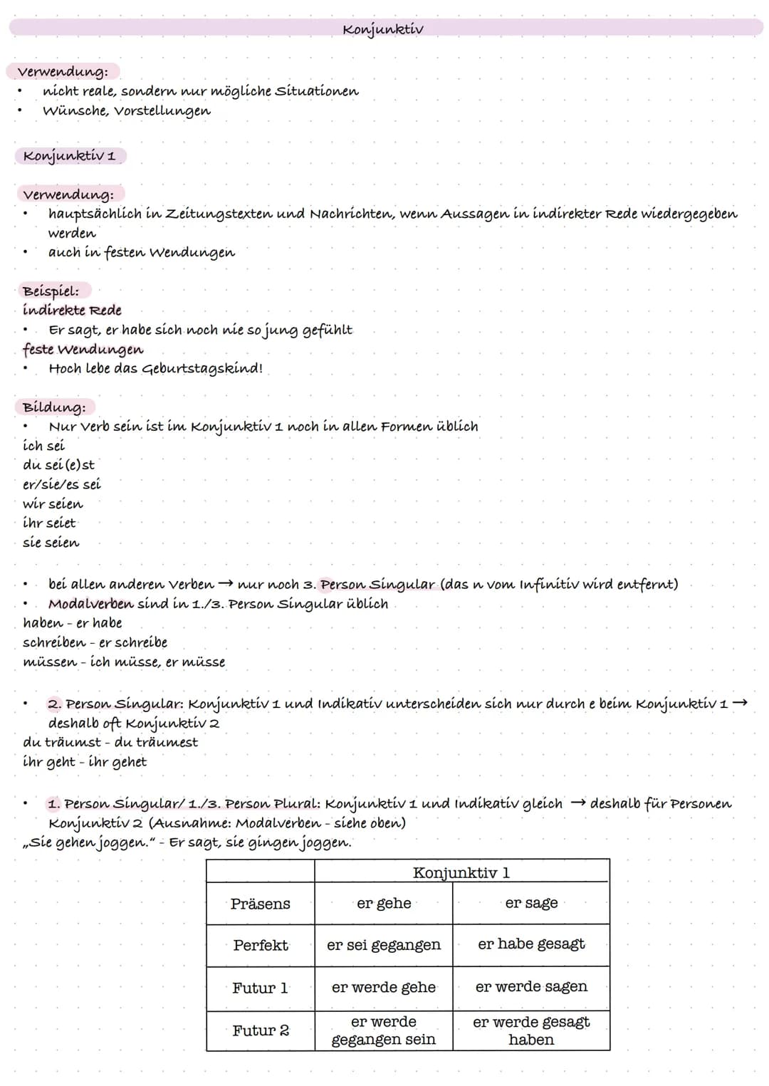 verwendung:
nicht reale, sondern nur mögliche Situationen
Wünsche, Vorstellungen
Konjunktiv 1
verwendung:
hauptsächlich in Zeitungstexten un