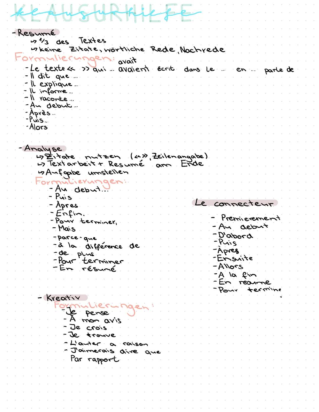 KLAUSURHILFE
- Resumé
1/3 des
Textes
keine Zitate, wörtliche Rede Nachrede
Formulierungen avait
- Le texte << >> qui.....
- 11 dit que
・Il e