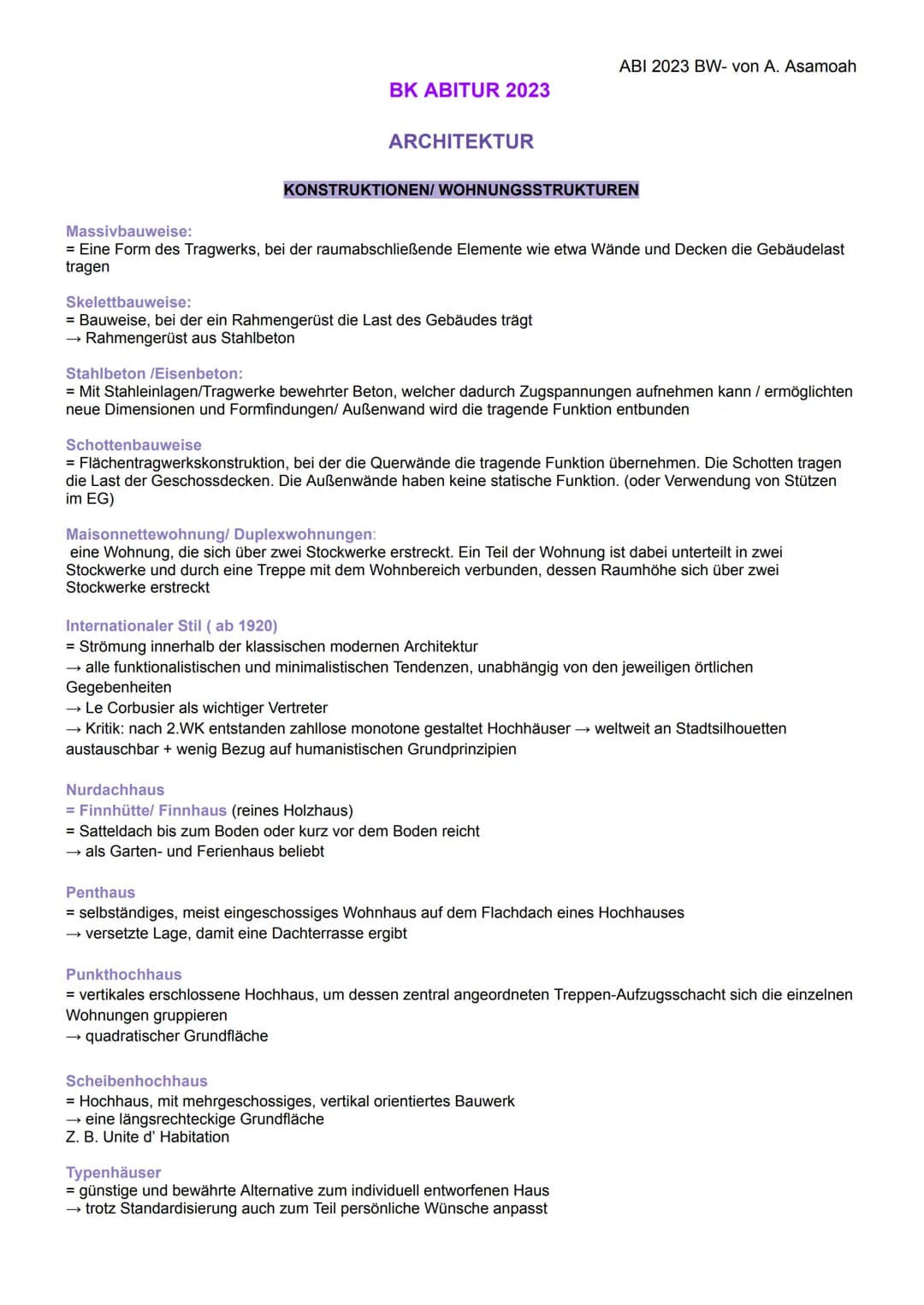 BK ABITUR 2023
ARCHITEKTUR
KONSTRUKTIONEN/ WOHNUNGSSTRUKTUREN
Massivbauweise:
= Eine Form des Tragwerks, bei der raumabschließende Elemente 
