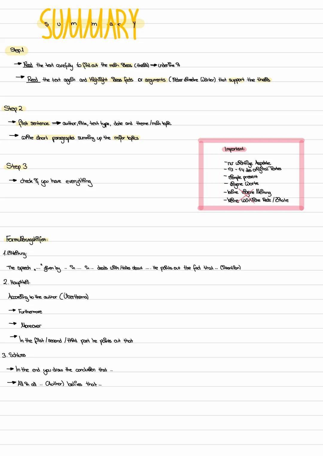# SUMMARY

Stepl

→ Read the text carefully to find out the main deas (thesis) Underline t

→ Read the text again and highlight ideas facts 