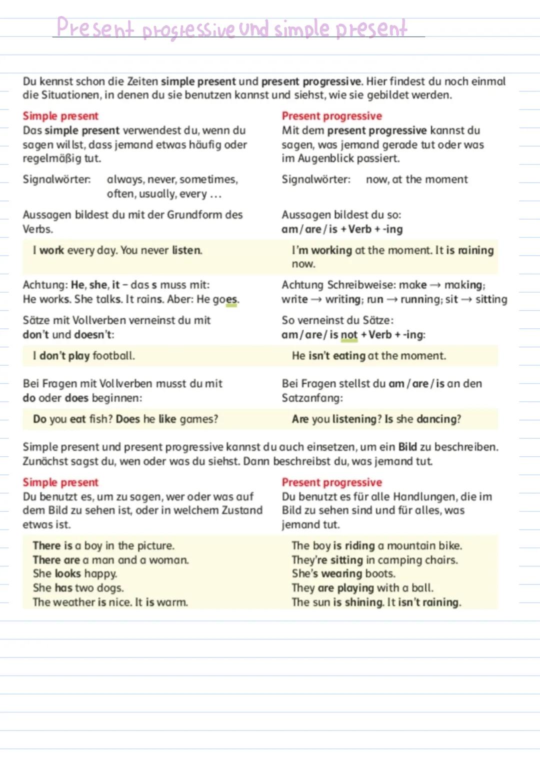 Present progressive Und simple present
Du kennst schon die Zeiten simple present und present progressive. Hier findest du noch einmal
die Si