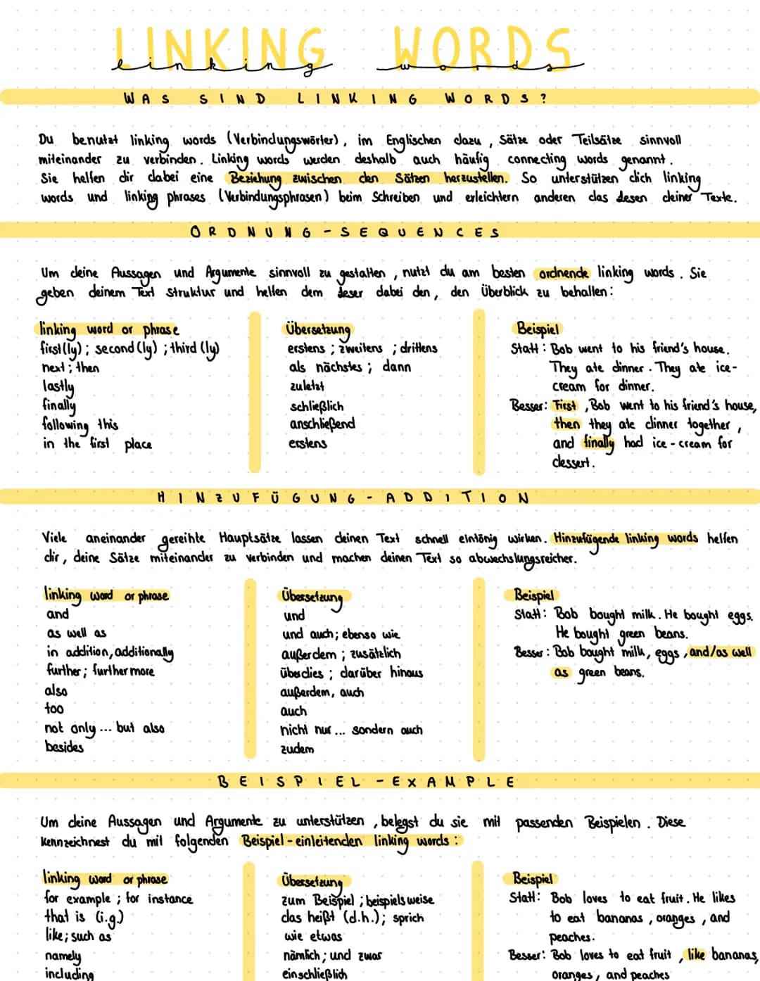 Du benutzt linking words (Verbindungswörter), im Englischen clazu, Sätze oder Teilsätze sinnvoll
miteinander zu verbinden. Linking words wer