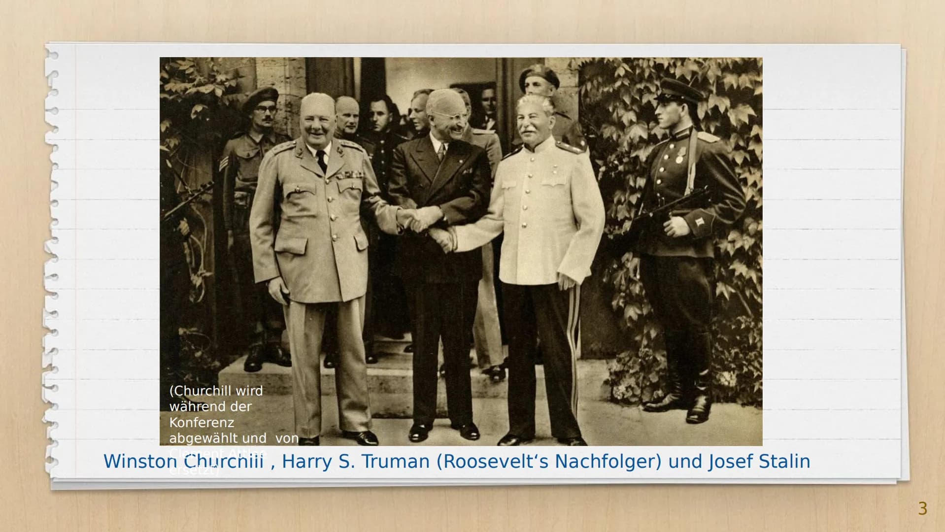 Von: Julia Dittmann
Die
Potsdamer
Konferenz
(17.07-02.08.1945) Gliederung
X Foto
X Erklärung
X Ziele der Siegermächte
X Beschlüsse
Xbildlich