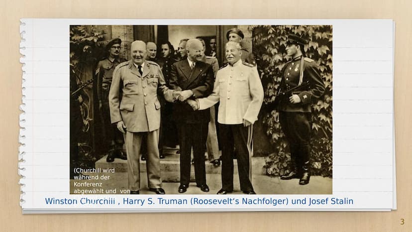 Von: Julia Dittmann
Die
Potsdamer
Konferenz
(17.07-02.08.1945) Gliederung
X Foto
X Erklärung
X Ziele der Siegermächte
X Beschlüsse
Xbildlich