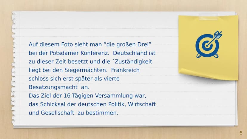 Von: Julia Dittmann
Die
Potsdamer
Konferenz
(17.07-02.08.1945) Gliederung
X Foto
X Erklärung
X Ziele der Siegermächte
X Beschlüsse
Xbildlich