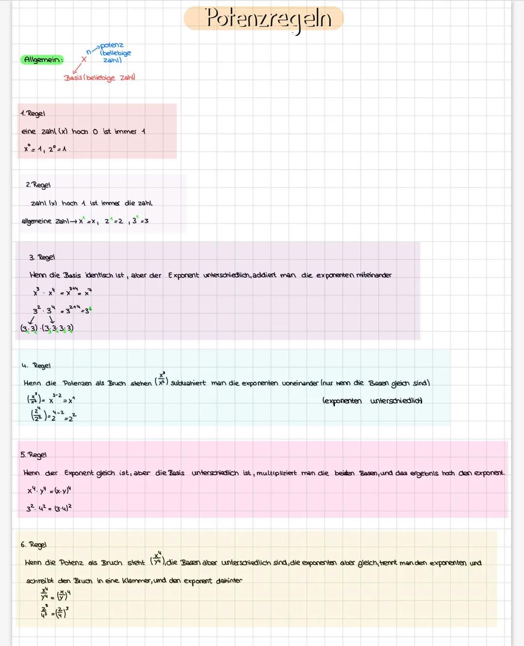 Allgemein:
n-
potenz
(bellebige
zahl)
Basis (beliebige zahl

1. Regel
eine zahl (x) hoch O ist immer 1
$X^0$=1, $2^0$=1

2. Regel
zahl (x) h