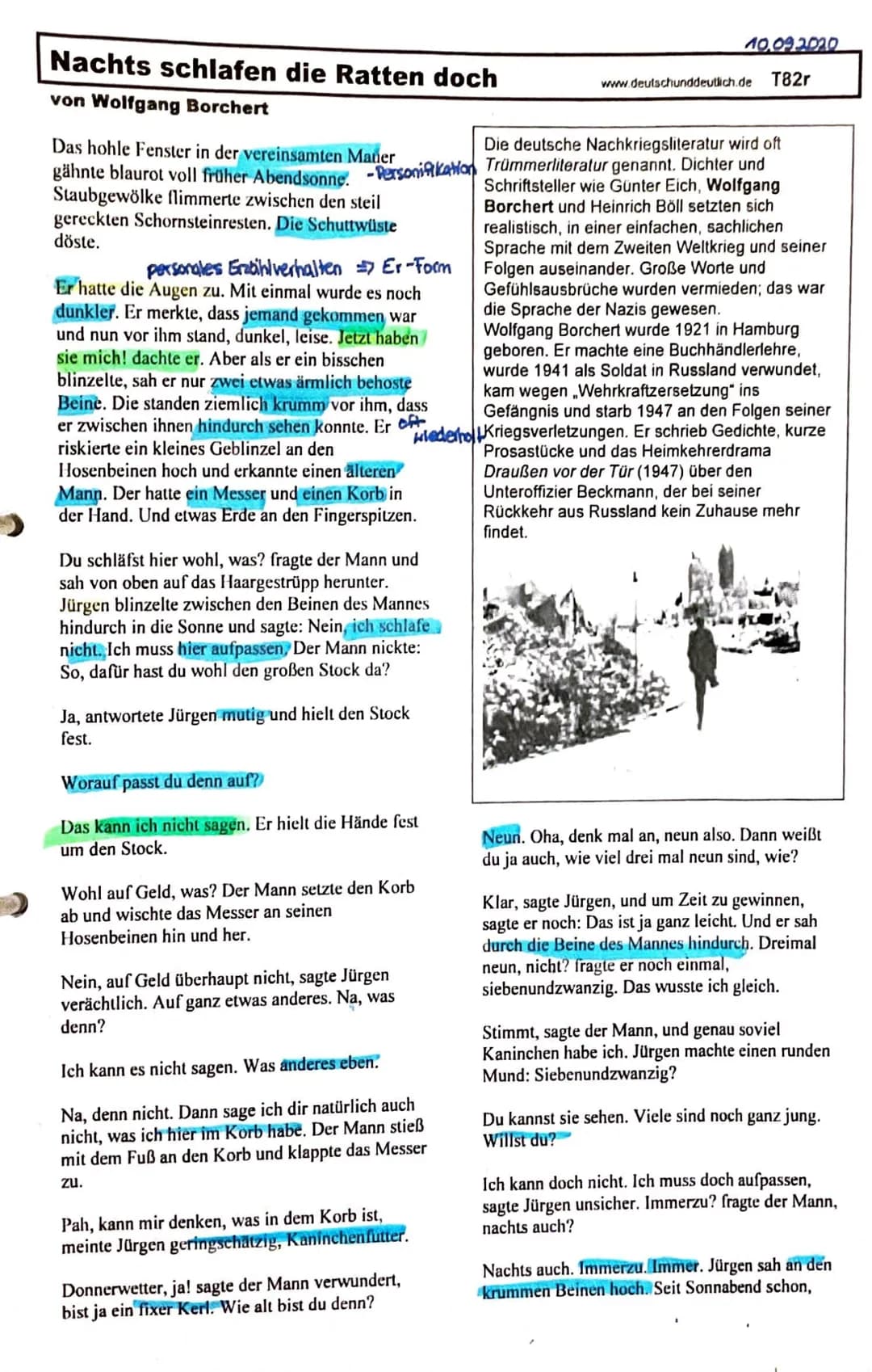 Nachts schlafen die Ratten doch
von Wolfgang Borchert
personales Erzbihlverhalten => Er-Form
Er hatte die Augen zu. Mit einmal wurde es noch