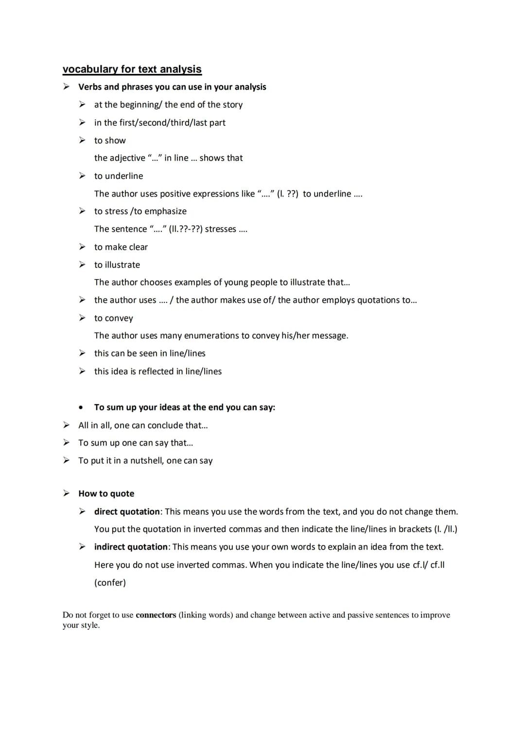 vocabulary for text analysis
Verbs and phrases you can use in your analysis
at the beginning/ the end of the story
in the first/second/third