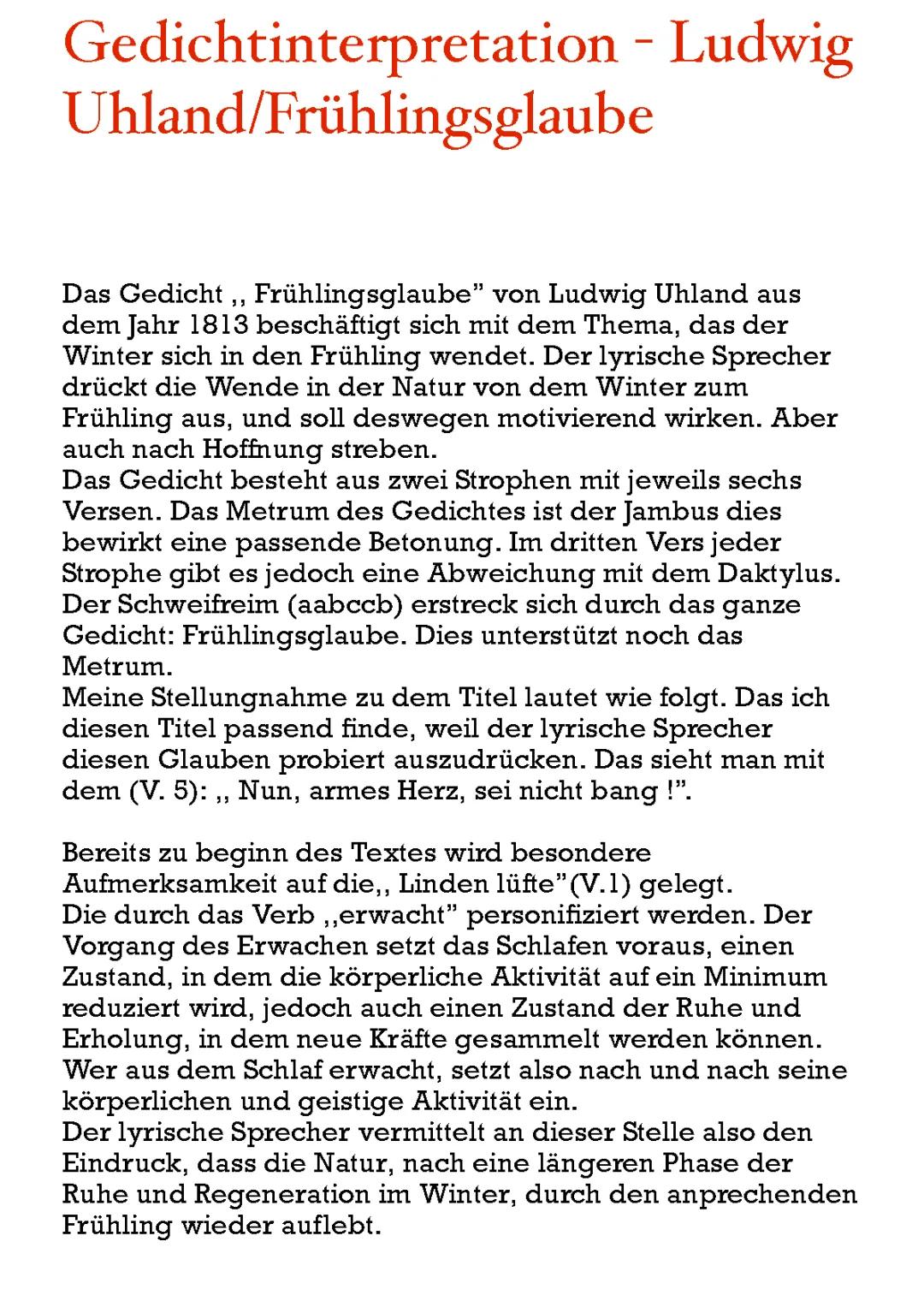 Frühlingsglaube Gedicht Text von Ludwig Uhland - Interpretation und Reimschema