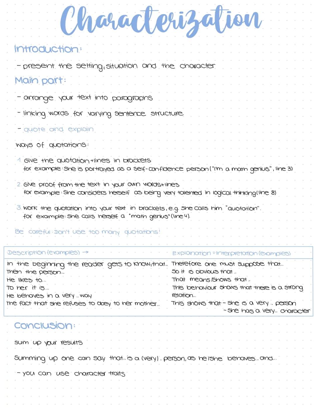 Characterization
Introduction:
- present the setting, situation and the character
Main part:
- arrange your text into paragraphs
- linking w