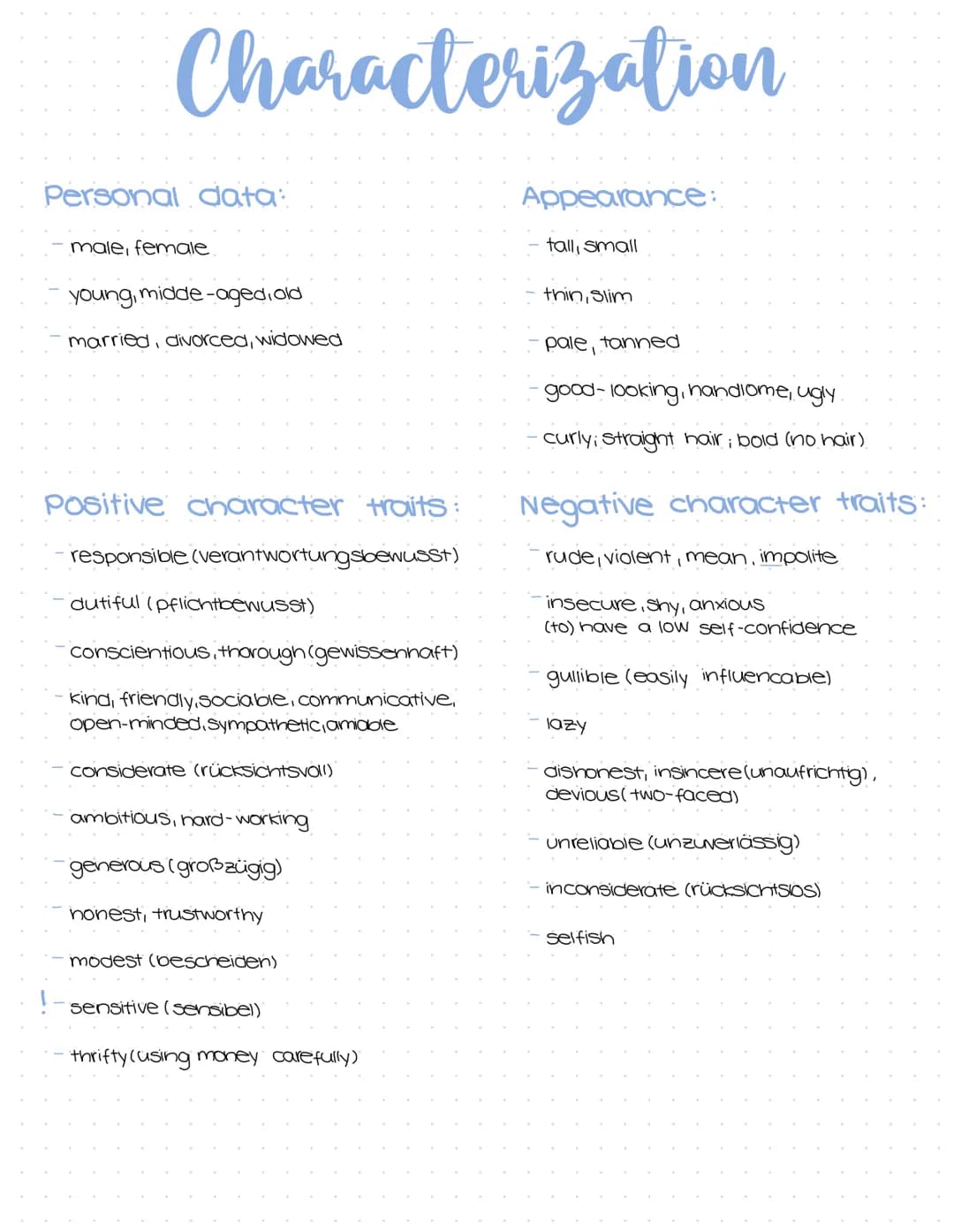 Characterization
Introduction:
- present the setting, situation and the character
Main part:
- arrange your text into paragraphs
- linking w