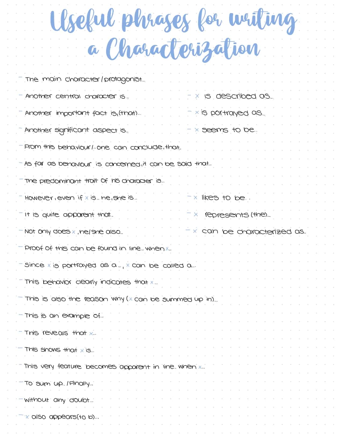 Characterization
Introduction:
- present the setting, situation and the character
Main part:
- arrange your text into paragraphs
- linking w