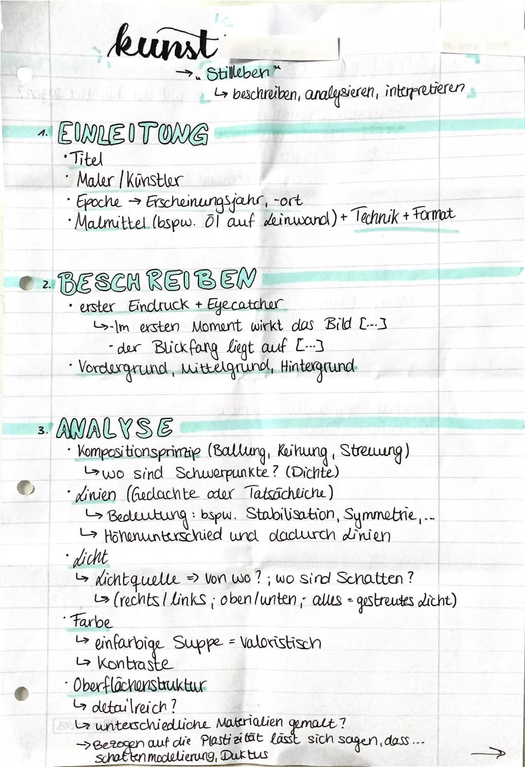 1.
kunst
EINLEITUNG
Stilleben
↳beschreiben, analysieren, interpretieren
•Titel
• Maler / Künstler
.
· Epoche → Erscheinungsjahr, -ort
•Malmi