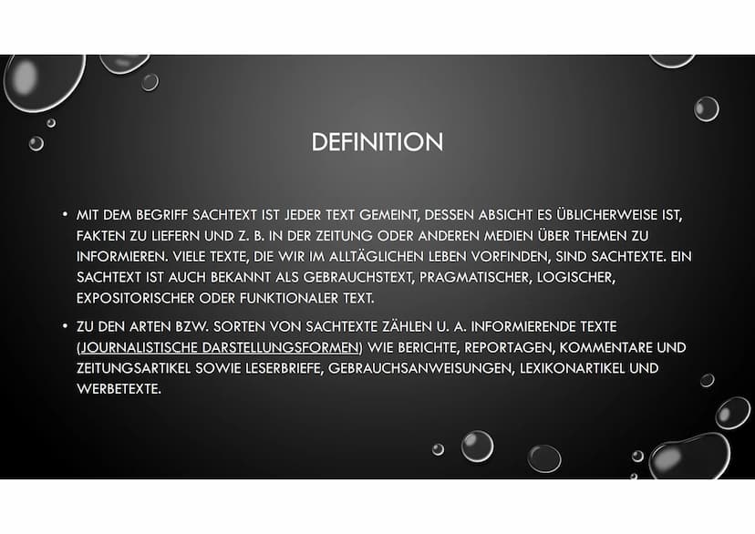SACHTEXTE
DEUTSCH DEFINITION
• MIT DEM BEGRIFF SACHTEXT IST JEDER TEXT GEMEINT, DESSEN ABSICHT ES ÜBLICHERWEISE IST,
FAKTEN ZU LIEFERN UND Z
