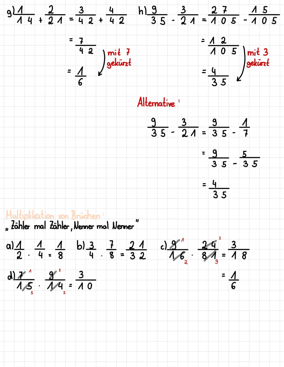 WIEDERHOLUNG BRUCHRECHNEN:
Addition und Subtraktion
a) 3 4 7
이름
8+8=8
b1-96-46=516
3
4.4.4.4.4.4.4
2 +
mit 2 erweitern
= 3
4
2
e) 11.22/2/20