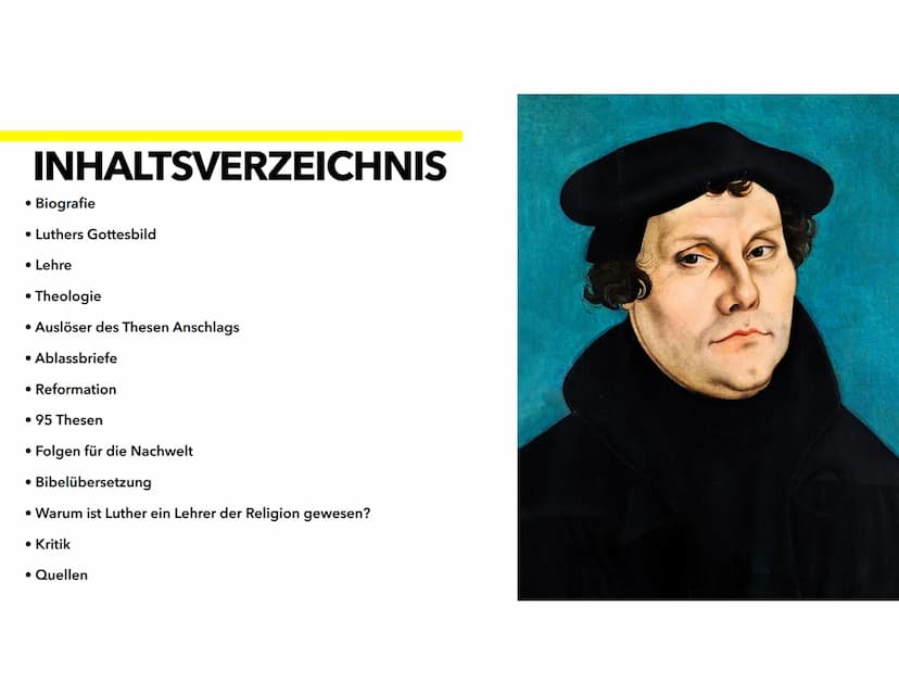 MARTIN LUTHER
VON MICHELLE UND JOHANNA INHALTSVERZEICHNIS
• Biografie
• Luthers Gottesbild
• Lehre
• Theologie
• Auslöser des Thesen Anschla