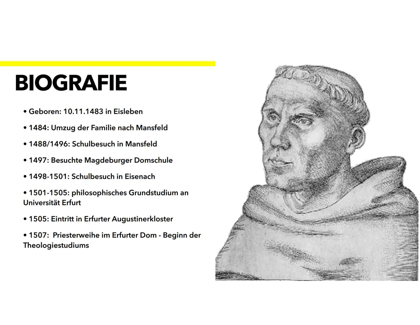 MARTIN LUTHER
VON MICHELLE UND JOHANNA INHALTSVERZEICHNIS
• Biografie
• Luthers Gottesbild
• Lehre
• Theologie
• Auslöser des Thesen Anschla