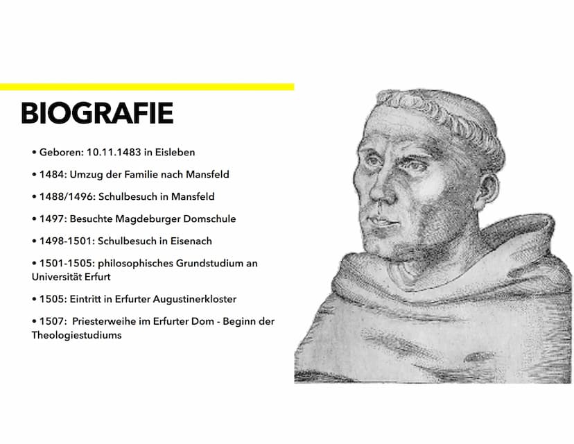 MARTIN LUTHER
VON MICHELLE UND JOHANNA INHALTSVERZEICHNIS
• Biografie
• Luthers Gottesbild
• Lehre
• Theologie
• Auslöser des Thesen Anschla