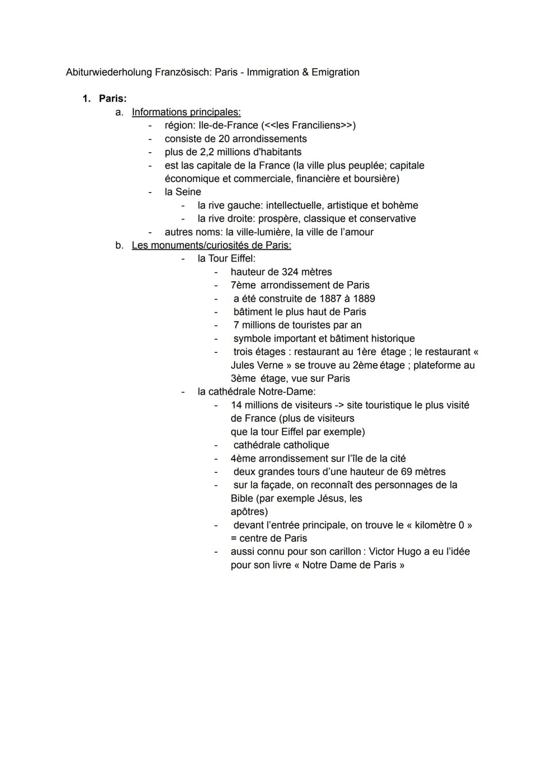 Abiturwiederholung Französisch: Paris - Immigration & Emigration
1. Paris:
a. Informations principales:
région: Ile-de-France (<<les Francil