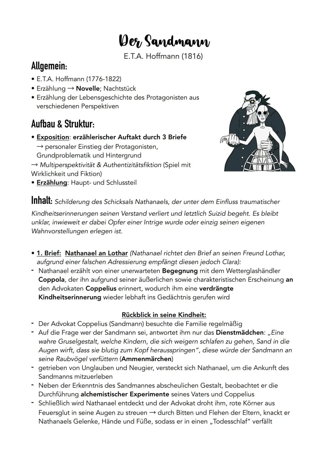 Der Sandmann
E.T.A. Hoffmann (1816)
Allgemein:
.E.T.A. Hoffmann (1776-1822)
Erzählung → Novelle; Nachtstück
Erzählung der Lebensgeschichte d