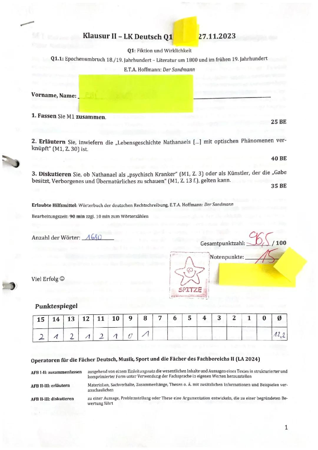 Deutsch LK Q1 Klausur Der Sandmann