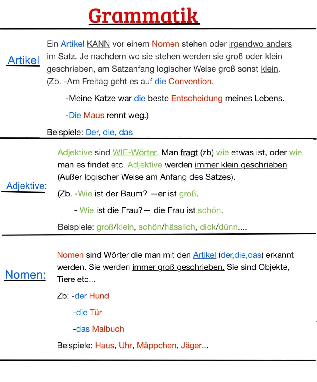 Artikel
Grammatik
Ein Artikel KANN vor einem Nomen stehen oder irgendwo anders
im Satz. Je nachdem wo sie stehen werden sie groß oder klein
