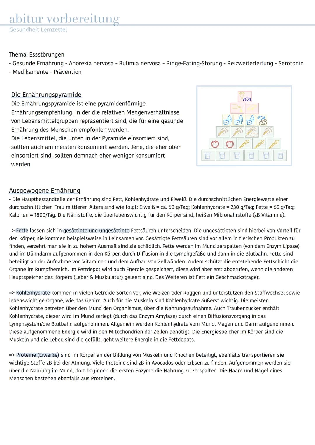 abitur vorbereitung
Gesundheit Lernzettel
Thema: Essstörungen
- Gesunde Ernährung - Anorexia nervosa - Bulimia nervosa - Binge-Eating-Störun