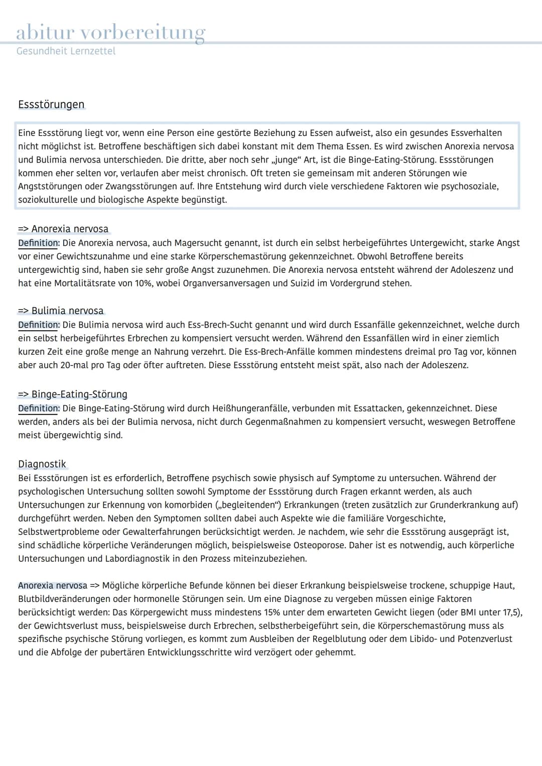 abitur vorbereitung
Gesundheit Lernzettel
Thema: Essstörungen
- Gesunde Ernährung - Anorexia nervosa - Bulimia nervosa - Binge-Eating-Störun