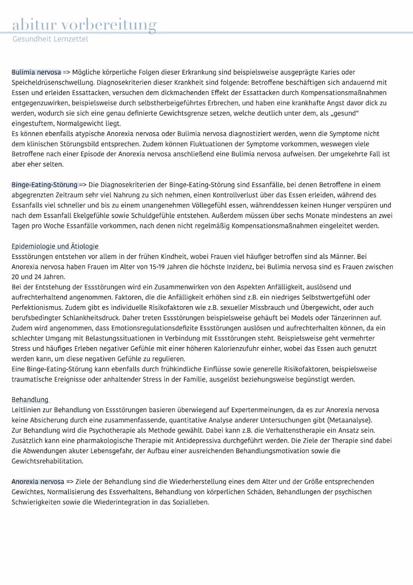abitur vorbereitung
Gesundheit Lernzettel
Thema: Essstörungen
- Gesunde Ernährung - Anorexia nervosa - Bulimia nervosa - Binge-Eating-Störun