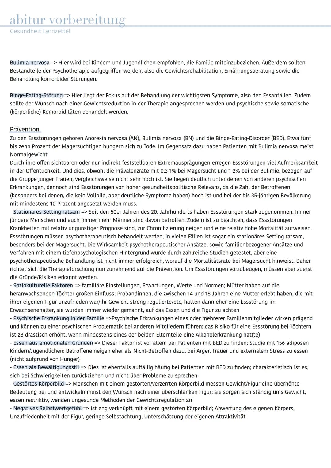 abitur vorbereitung
Gesundheit Lernzettel
Thema: Essstörungen
- Gesunde Ernährung - Anorexia nervosa - Bulimia nervosa - Binge-Eating-Störun