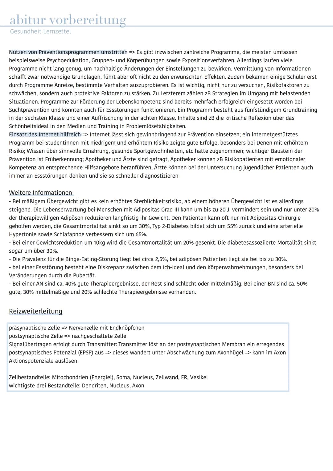 abitur vorbereitung
Gesundheit Lernzettel
Thema: Essstörungen
- Gesunde Ernährung - Anorexia nervosa - Bulimia nervosa - Binge-Eating-Störun