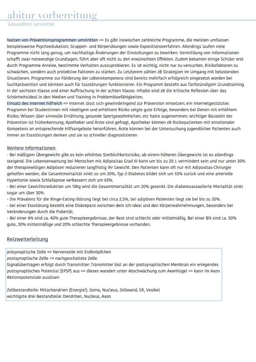 abitur vorbereitung
Gesundheit Lernzettel
Thema: Essstörungen
- Gesunde Ernährung - Anorexia nervosa - Bulimia nervosa - Binge-Eating-Störun