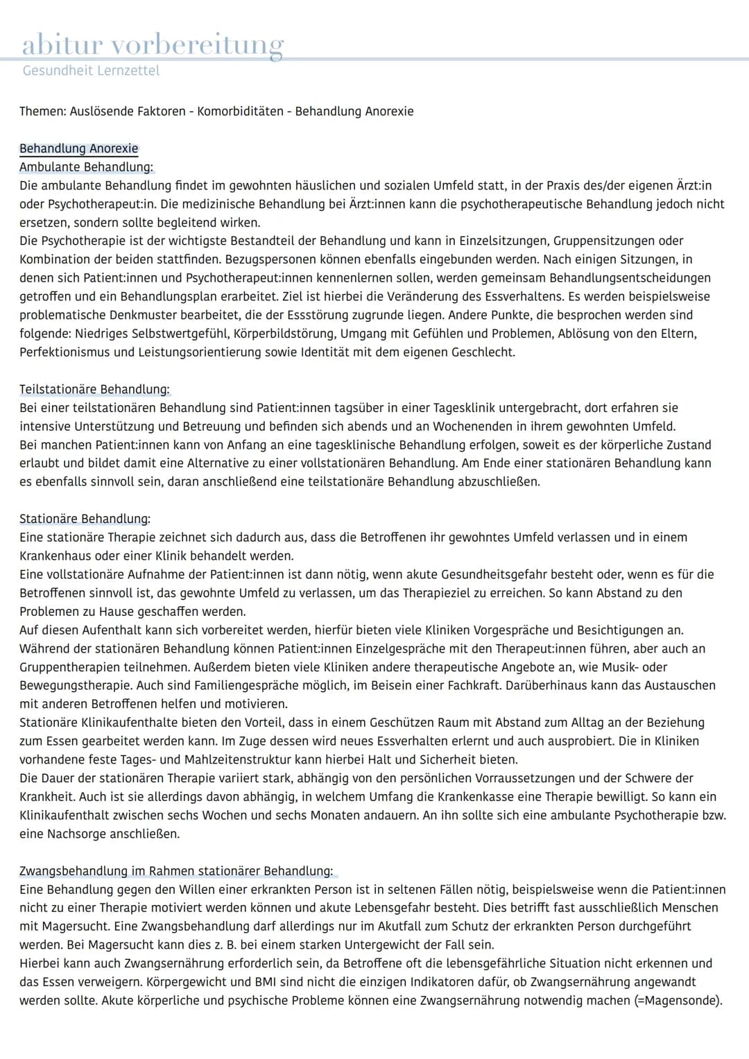 abitur vorbereitung
Gesundheit Lernzettel
Thema: Essstörungen
- Gesunde Ernährung - Anorexia nervosa - Bulimia nervosa - Binge-Eating-Störun