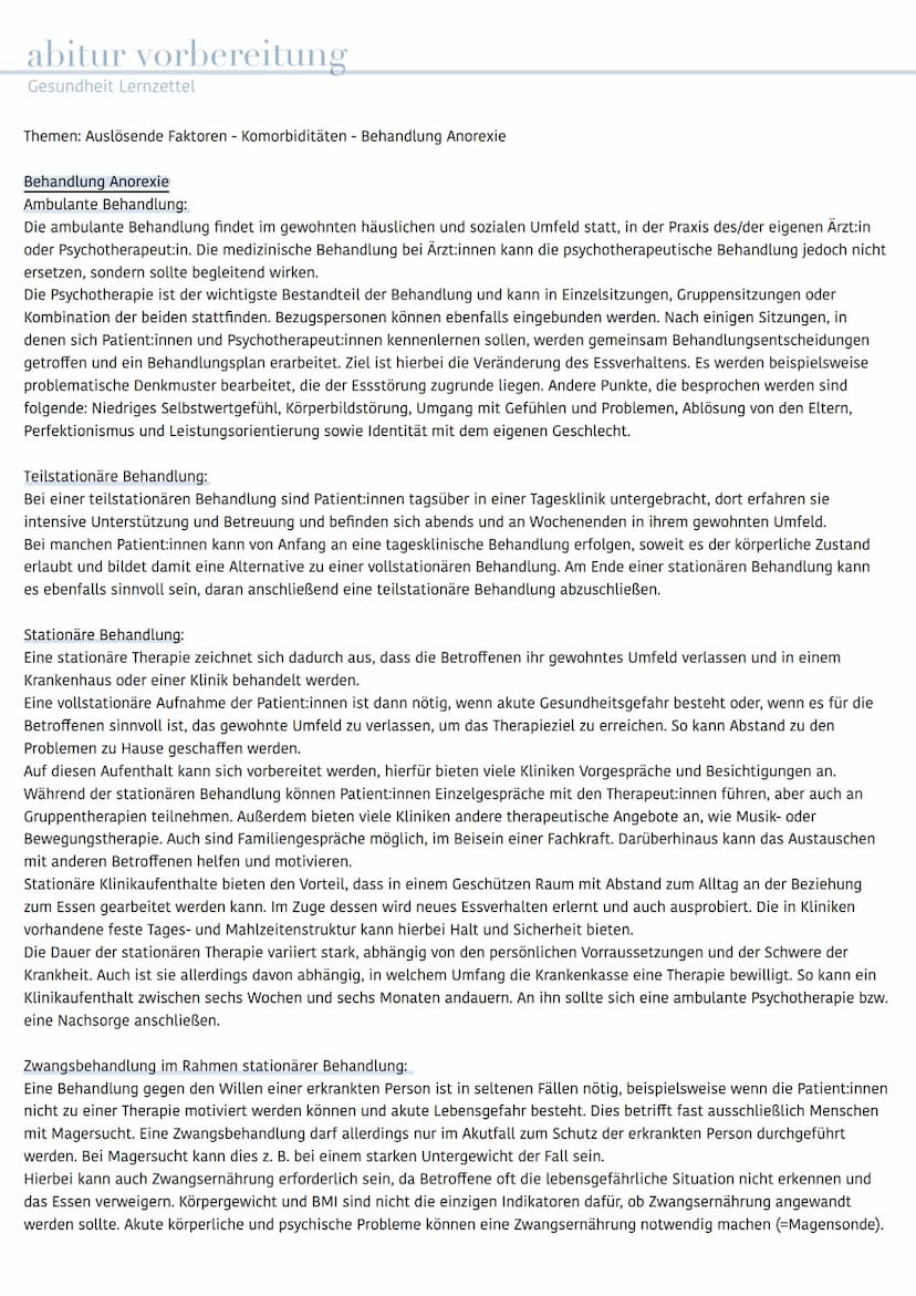 abitur vorbereitung
Gesundheit Lernzettel
Thema: Essstörungen
- Gesunde Ernährung - Anorexia nervosa - Bulimia nervosa - Binge-Eating-Störun