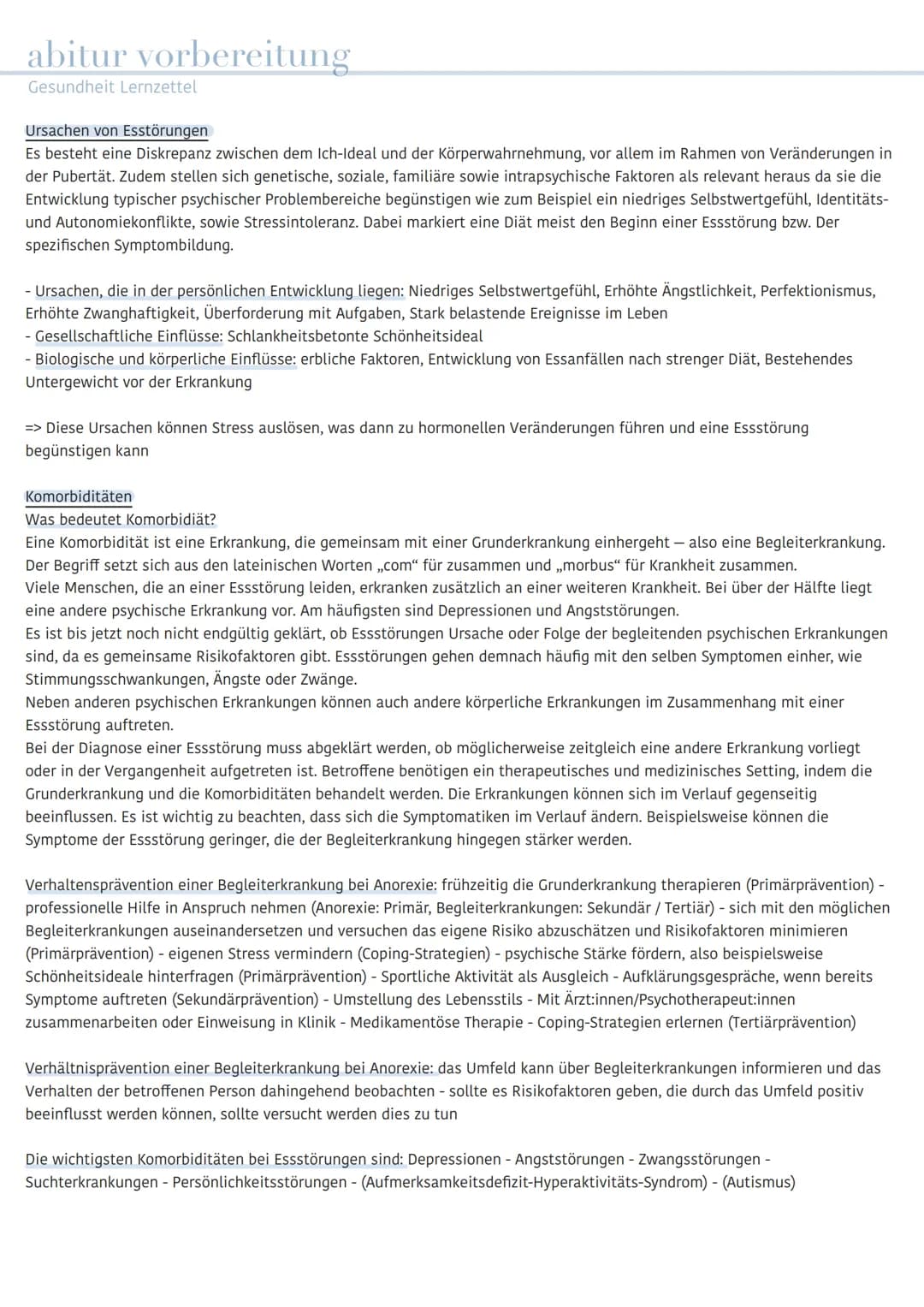 abitur vorbereitung
Gesundheit Lernzettel
Thema: Essstörungen
- Gesunde Ernährung - Anorexia nervosa - Bulimia nervosa - Binge-Eating-Störun