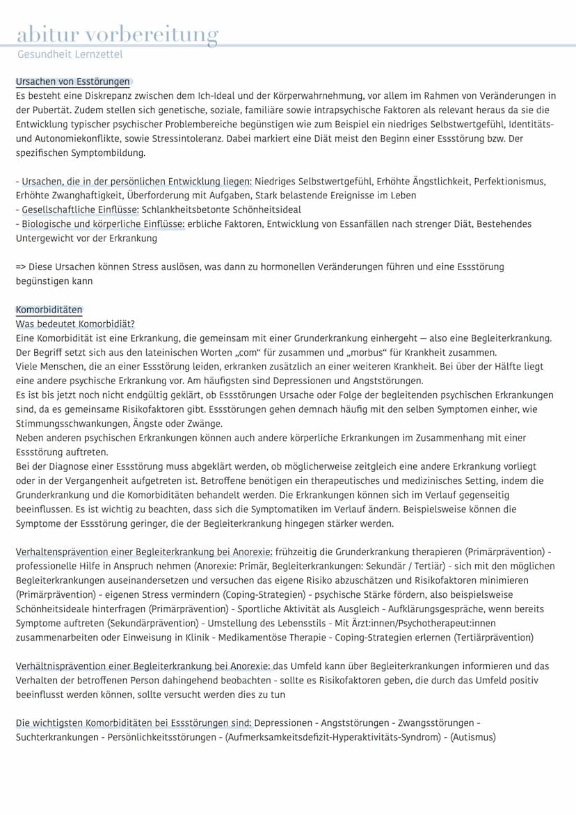abitur vorbereitung
Gesundheit Lernzettel
Thema: Essstörungen
- Gesunde Ernährung - Anorexia nervosa - Bulimia nervosa - Binge-Eating-Störun